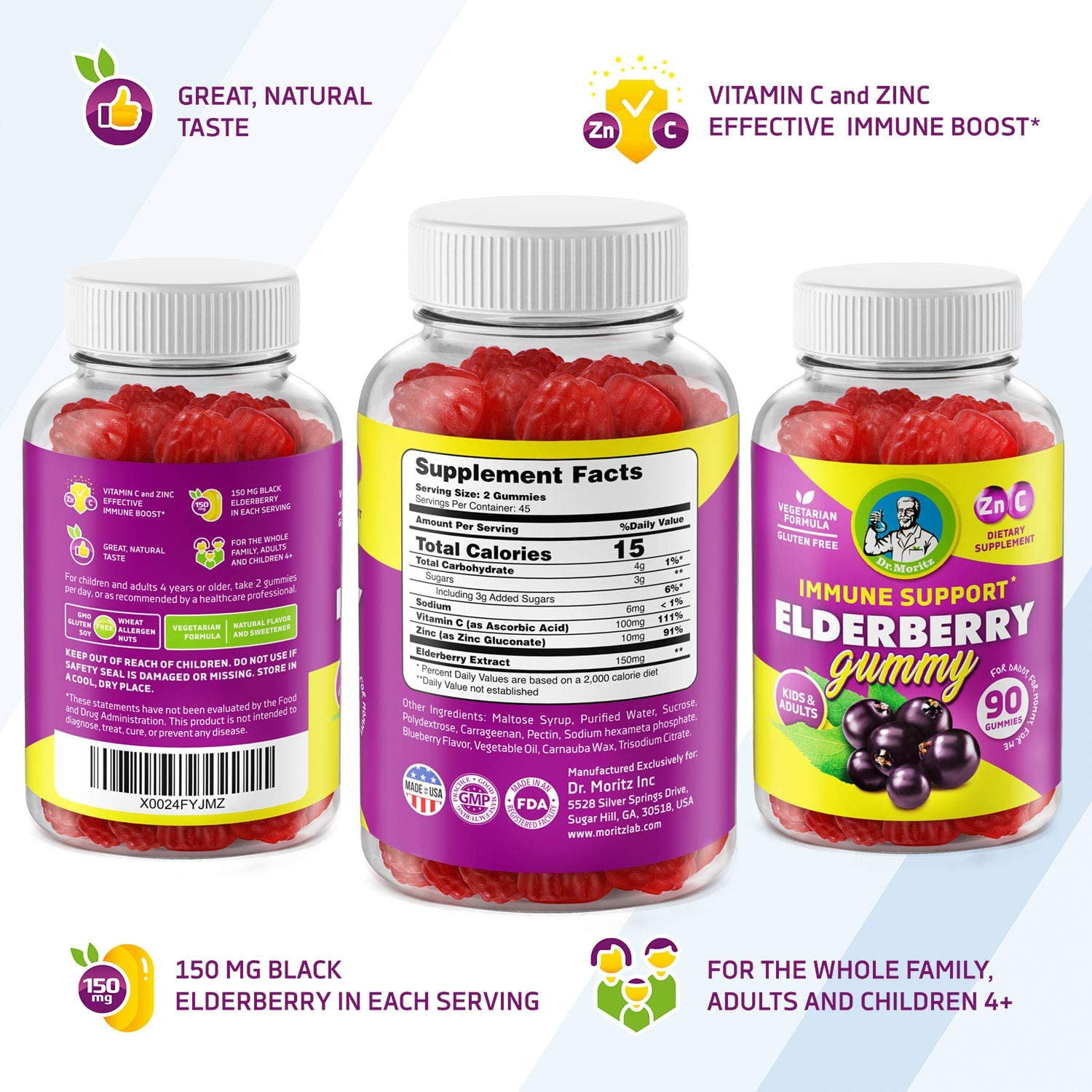 Dr. Moritz Elderberry Gummies, 90 Count, Natural Immune Support with Vitamins C and Zinc