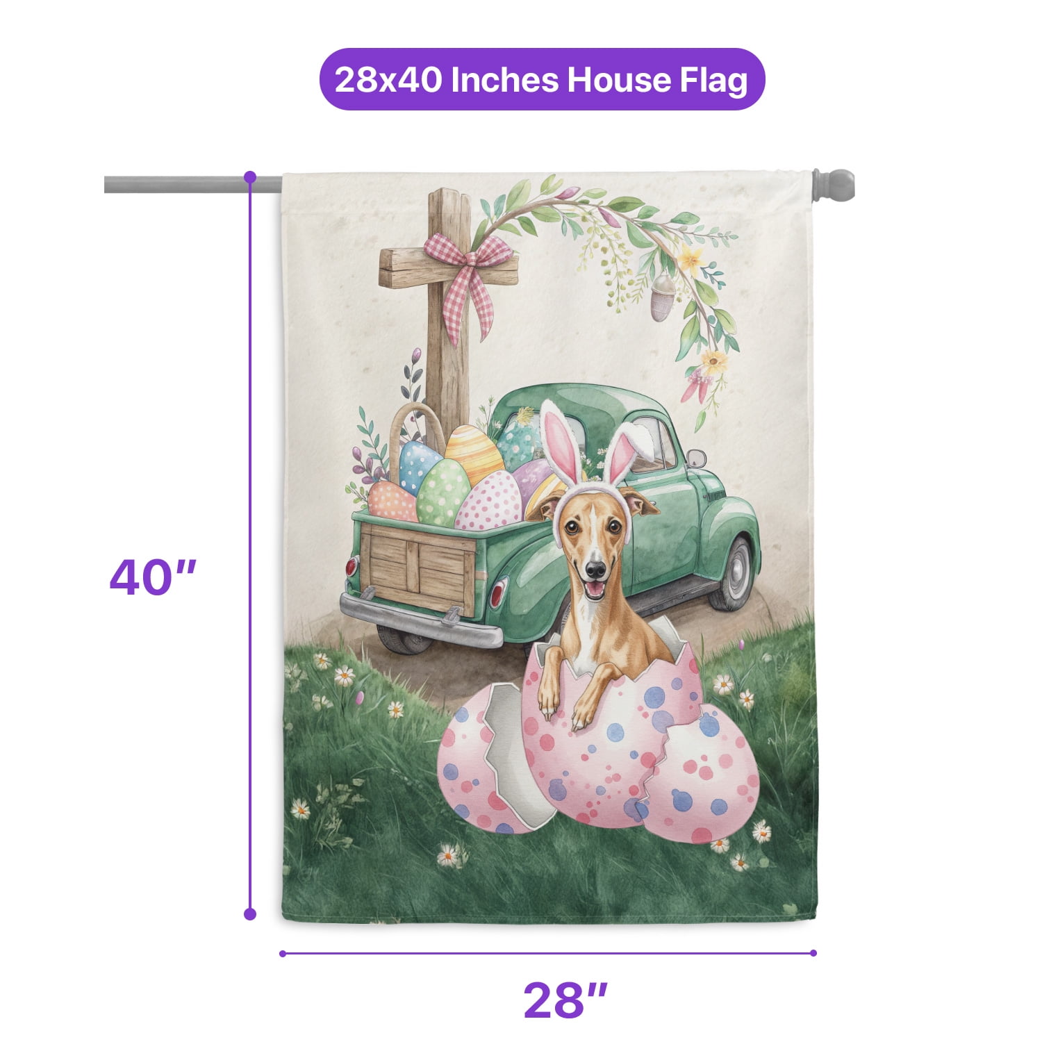 Easter Egg Whippet Bunny Ear Welcome Spring Truck House Flag 28x40in Double Sided Dog Lover Outdoor Decor - 12002