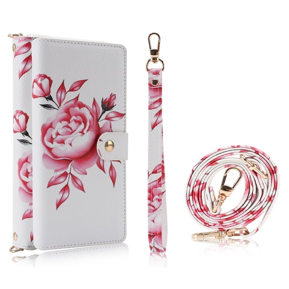 for iPhone 14 Case Detachable Wallet with RFID Blocking Card Holder Colored Drawing PU Leather Magnetic Snap Flip Zipper Wrist Shoulder Strap Kickstand Phone Case Women Girls, White