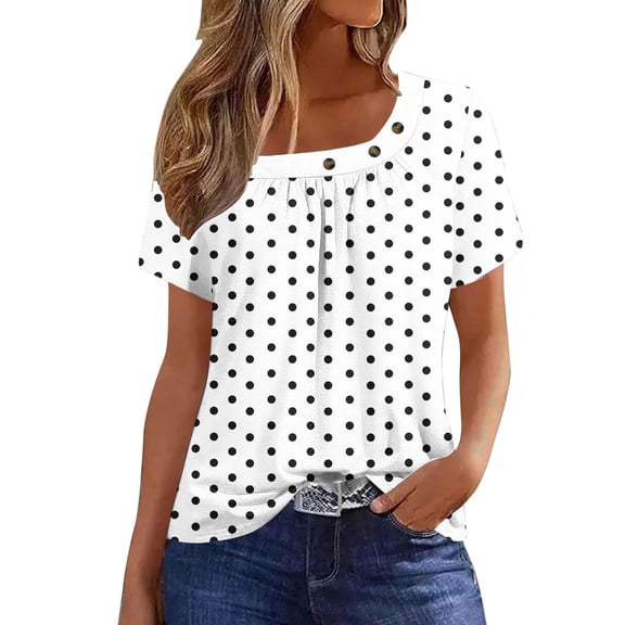 Summer Basic Tee Tops Summer Polka Dot T-Shirt for Women, Fashion Asymmetrical Neck Short Sleeve Top, Loose Fits Casual Tee,White,L