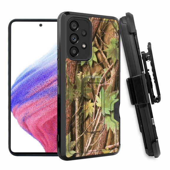 ANJ  Rugged Shockproof Hoster Case w/Card Slot, Kickstand   Tempered Glass Cover for Samsung Galaxy A33 5G - Wood Camo