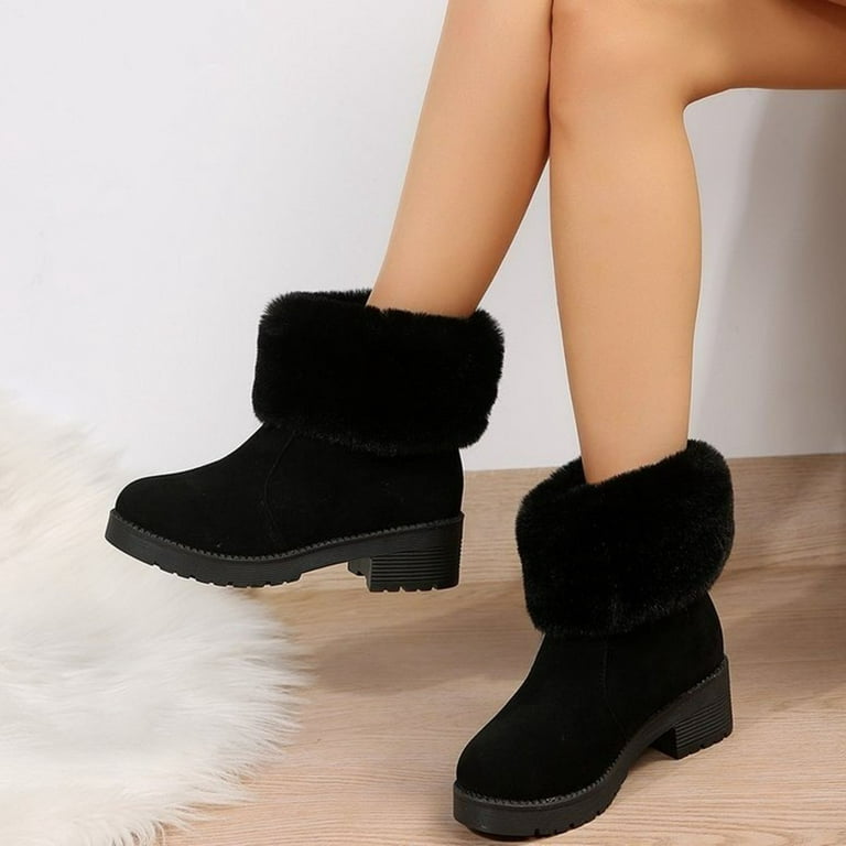 Lovskoo 2024 Snow Boots for Women Faux Suede Round Toe Large Size Winter  Fold Over Fashion Furry Thick Heel and Cashmere Slip On Ankle Booties Gray  