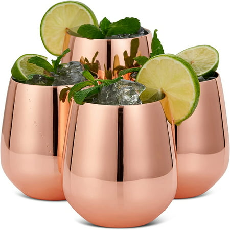 

4 Rose Gold Stemless Stainless Steel Wine Glasses 350 ml Capacity - Shatterproof Glass & perfect for high ball cocktails
