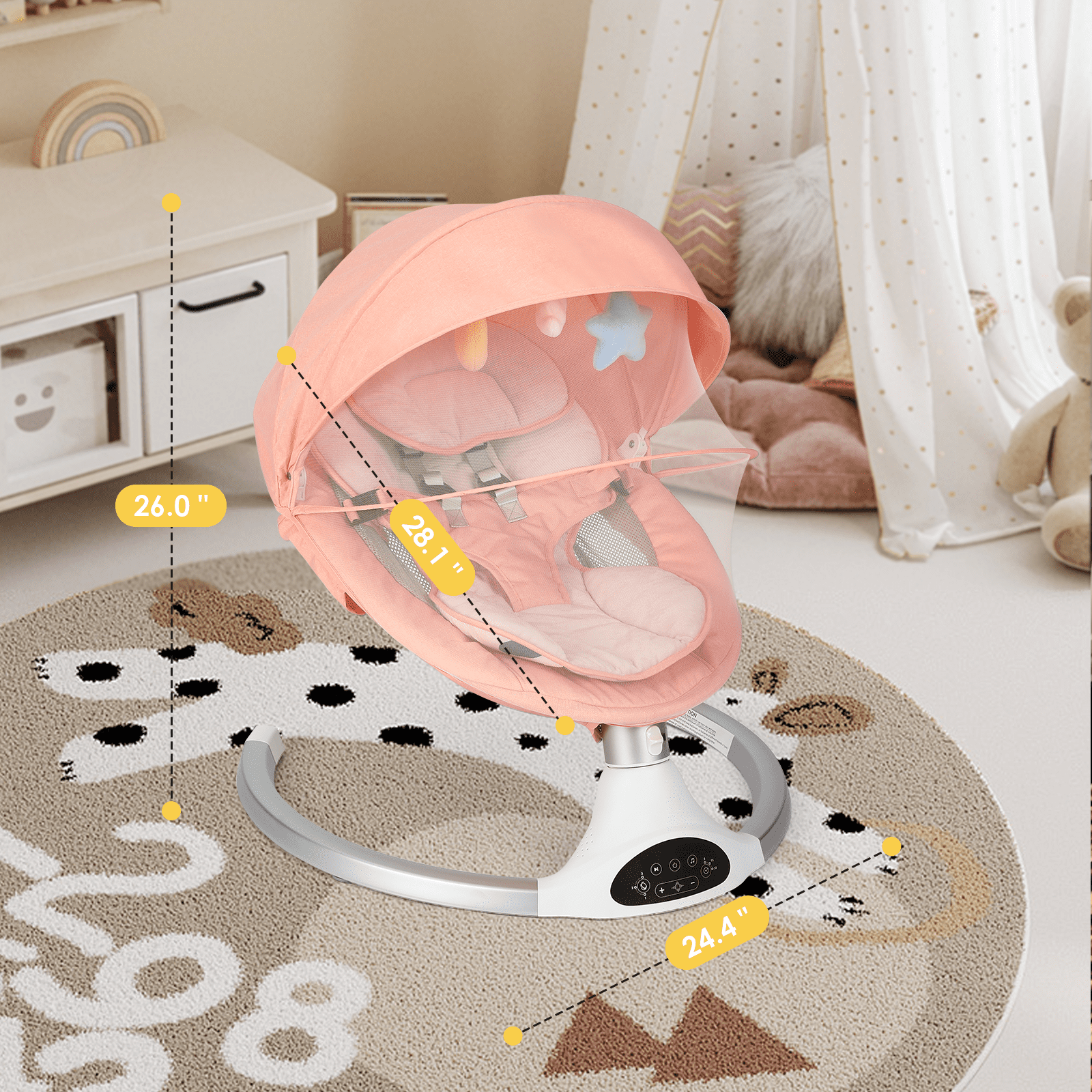 Baby Swing for Infants - Electric Indoor Baby Rocker 3 Speeds and 10 Lullabies, Portable, Touch Screen & Remote Control, Bluetooth, Pink