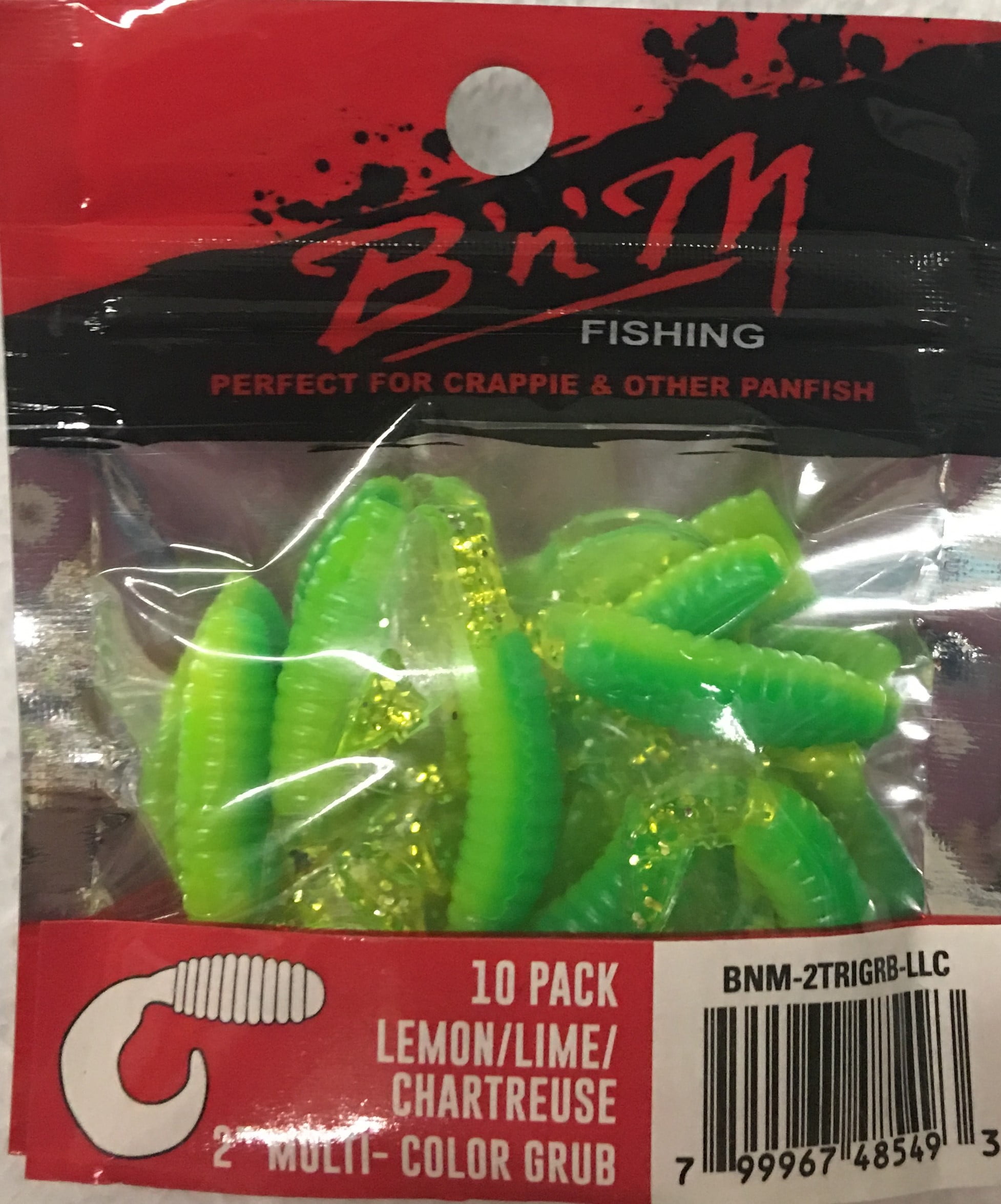 (6 pack) B'n'M 2" Grub Lure, Lemon, Lime, & Chartreuse, 10 Count