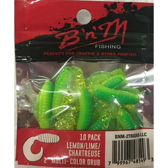 B'n'M 2" Grub Lure, Lemon, Lime, & Chartreuse, 10 Count