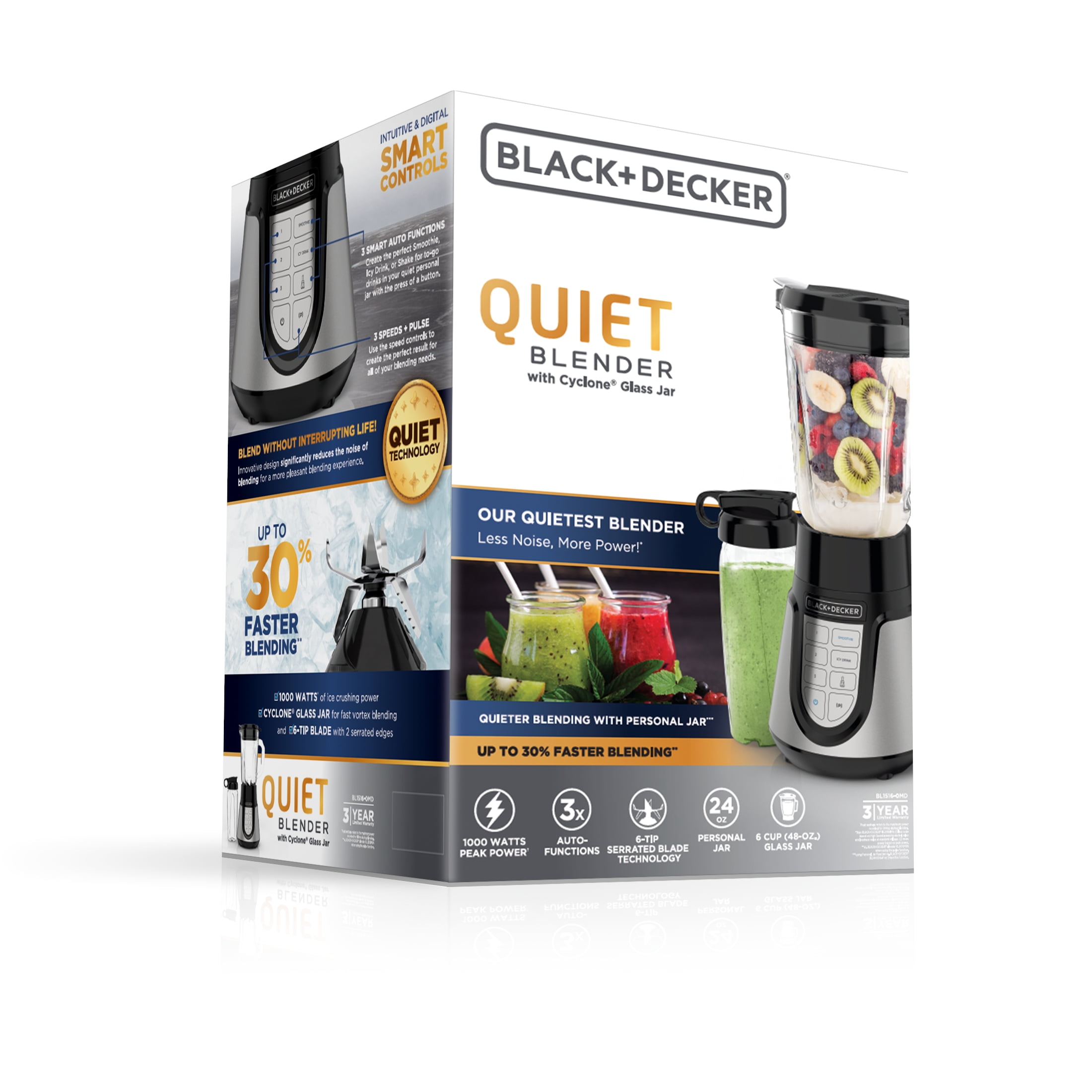 BLACK+DECKER Quiet Blender with 48 oz Glass Jar and 1000W Power, 3 Speeds