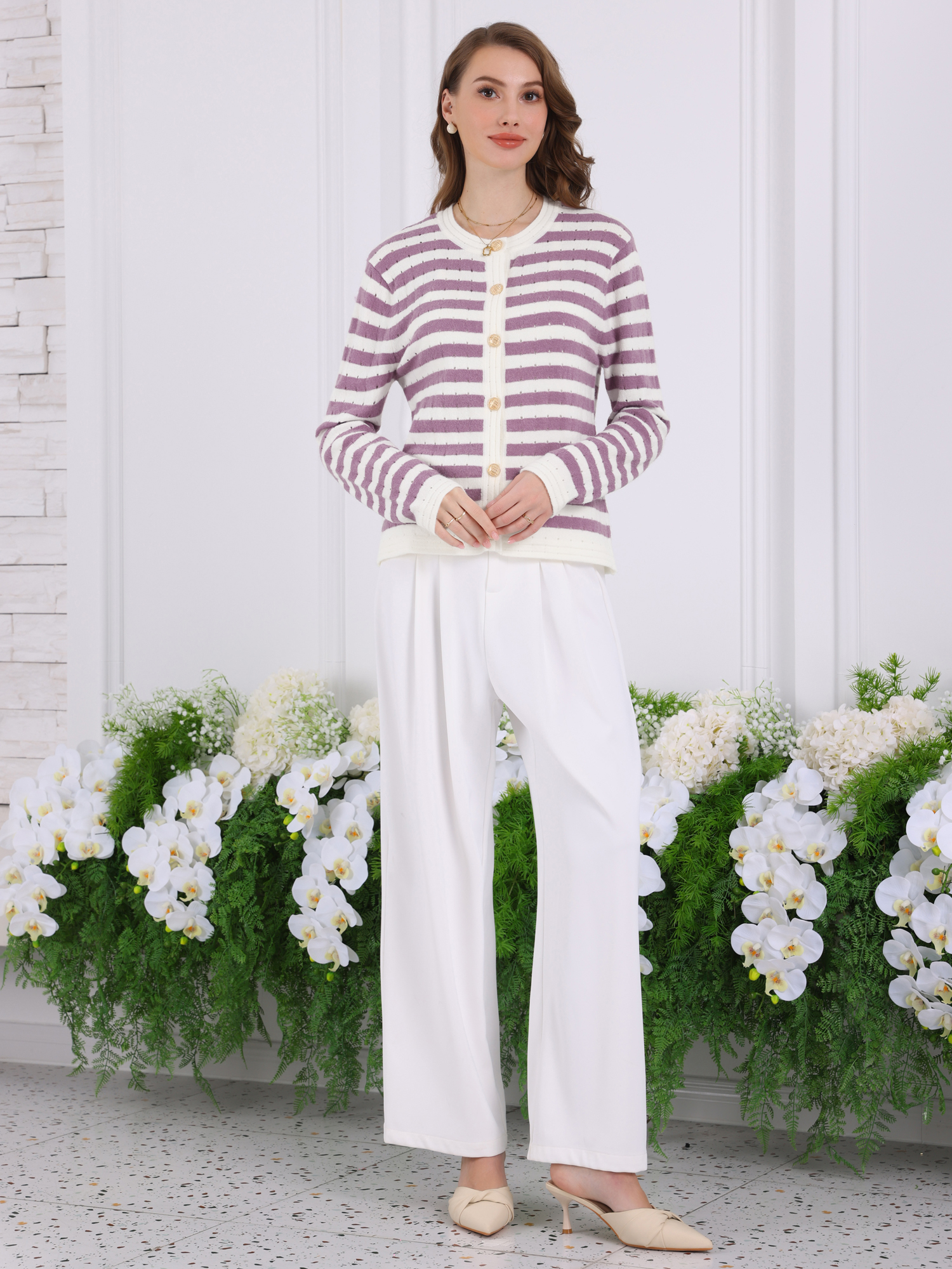 DARING DIVA Women's Striped Knit Long Sleeve Button Down Cardigan M Purple