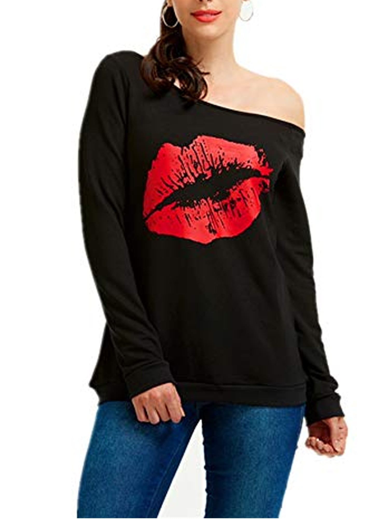 Sweatershirt Lips Print Causal Blouse Off The Shoulder Loose Pullover Plus Size Tops,Londony❤ Women Short Print T-Shirt 