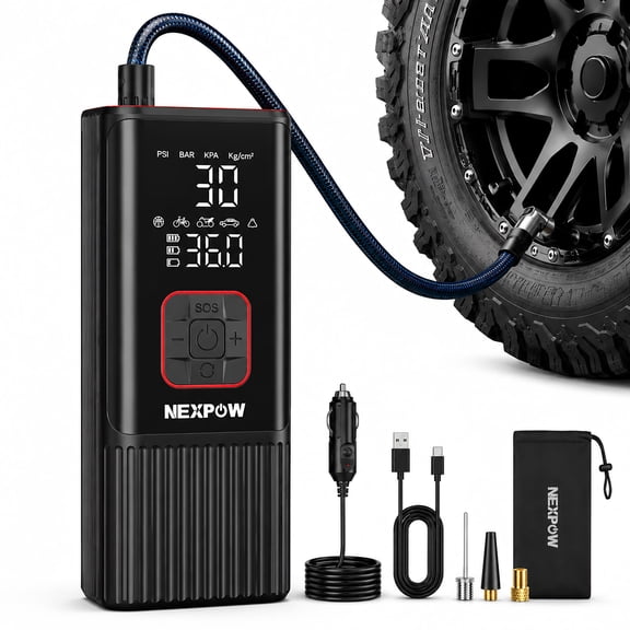 NEXPOW Tire Inflator Portable Air Compressor, 150 PSI Cordless Air Pump for Car Tires with Rechargeable Battery & 12V DC Power, Auto Shut-Off Digital Tire Pump for Car, SUV, Bike, Ball