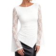 thumbnail image 3 of Women's Sheer Lace Flare Long Sleeve Ruched Side Asymmetric Hem Top White M, 3 of 9