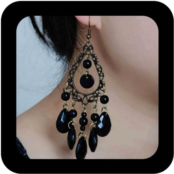 Boho Crystal Dangle Earrings Black Cz Tassel Earrings Teardrop Rhinestone Drop Earrings Chandelier Dangle Hook Earrings Wedding Earrings Jewelry for Women Cosplay Earrings