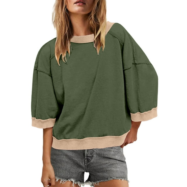 Wensltd Chandail en Molleton pour Femmes Manches 3/4 Oversize Col Rond Ample Blanc