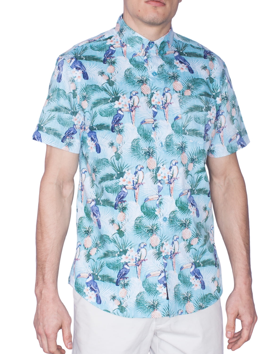 Men/’s Hawaiian Shirt Button Down Casual Aloha Short Sleeve Beach Shirts Blue Parrot, Large