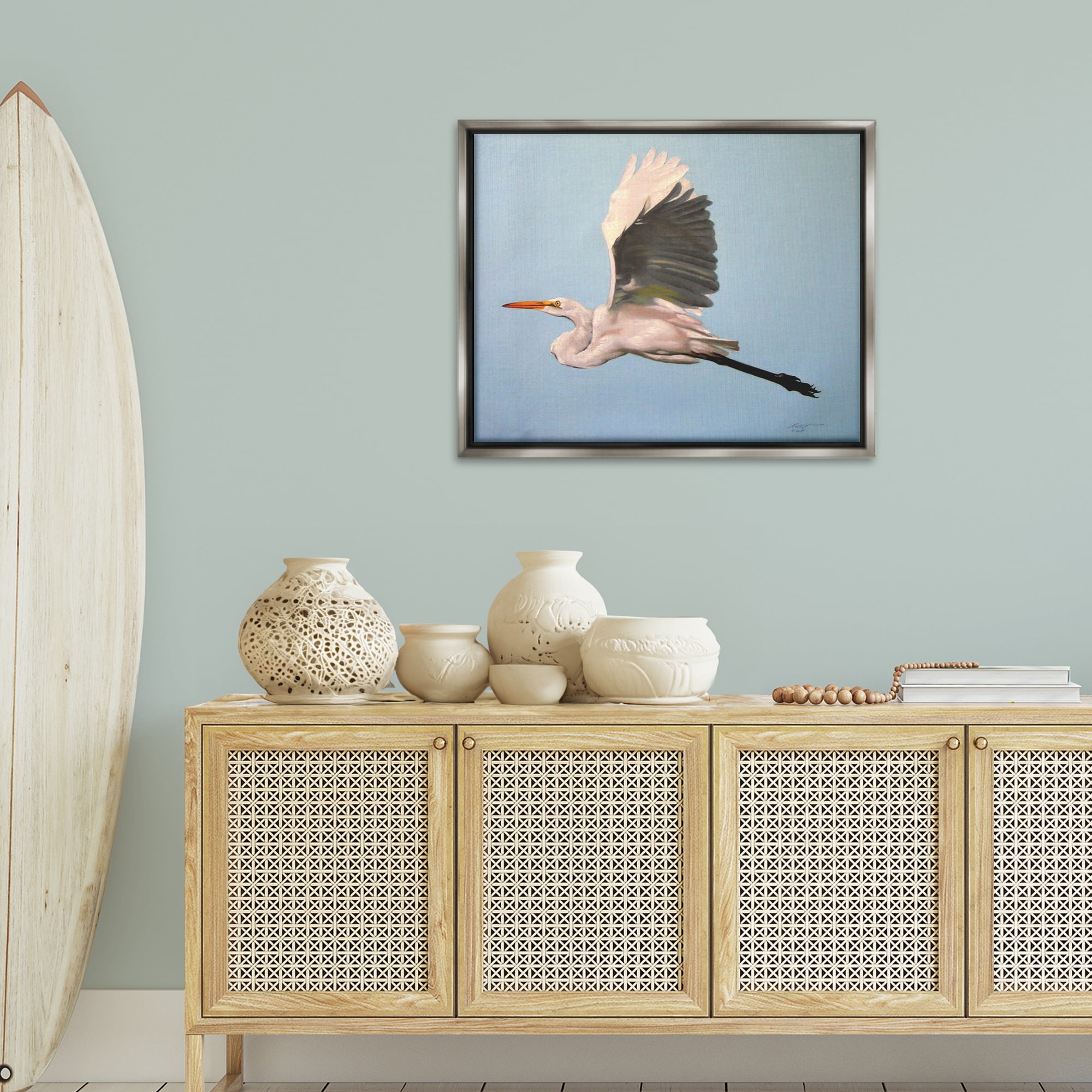 Stupell Industries Graceful Egret Flying Animals & Insects Painting Gray Floater Framed Canvas Art Print Wall Art, 31 x 25