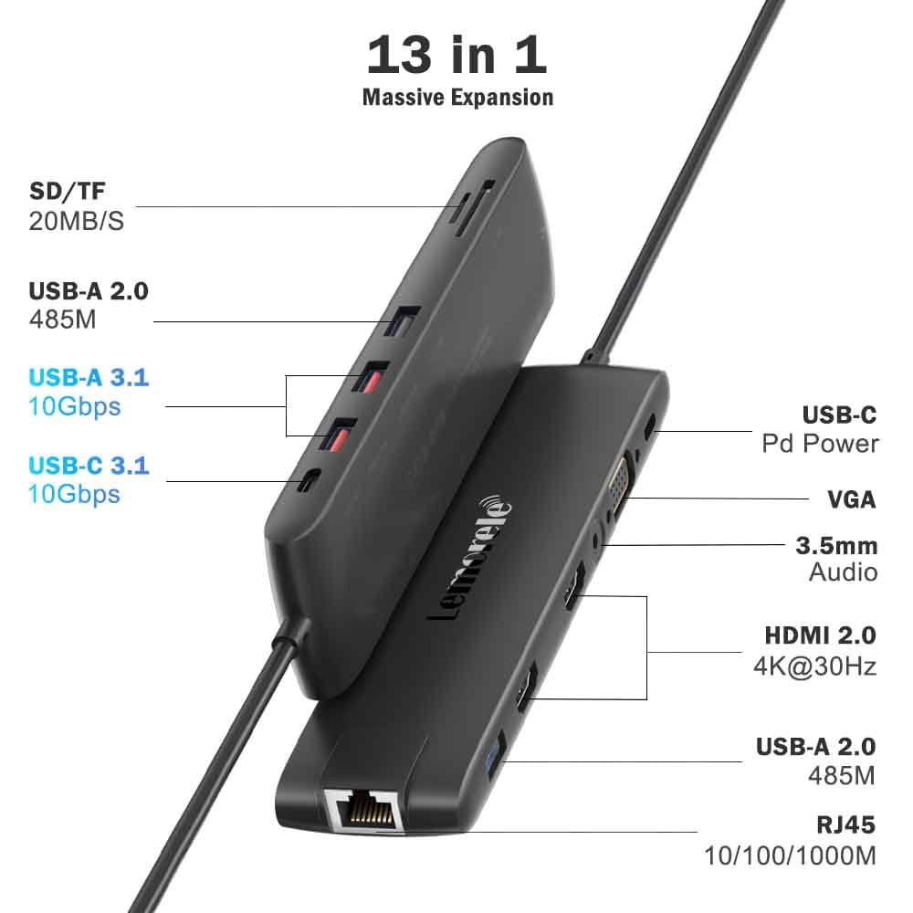 Lemorele USB C Docking Station Triple Monitor,13 in 1 USB C Hub, Multi-functional Adapter with 2 HDMI, VGA,Gigabit Ethernet,USB/USB C 3.2 Data,100W PD for Laptop MacBook/Dell/HP