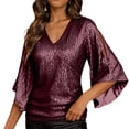 thumbnail image 2 of zaveiop Womens Sparkly Sequin Tops,3/4 Sleeve Glitter Party Dressy Blouse,V-Neck Disco Evening Club Concert Shirt (Wine, L), 2 of 6
