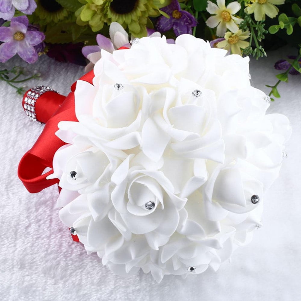 Crystal Roses Pearl Bridesmaid Wedding Bouquet Bridal Artificial Silk Flower New 