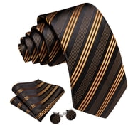 Barry.Wang Golden Silk Ties for Men Sets Woven Black Striped Formal Necktie Pocket Square Cufflinks Wedding Party 4PCS