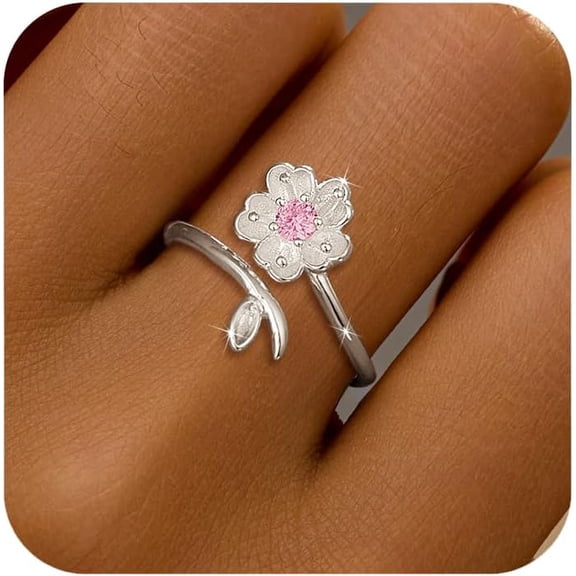 S925 Sterling Silver Cherry Blossom Flower Rings for Women Lucky Pink Birthstone Leaf Adjustable Ring Cute Sweet CZ Open Engagement Statement Promise Ring Birthday Jewelry for Her