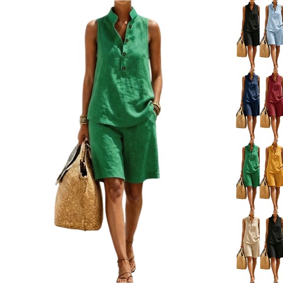Women's Cotton Linen Outfit Stand Collar Sleeveless Henley Top Knee Length Bermuda Shorts Casual Set Green XXL