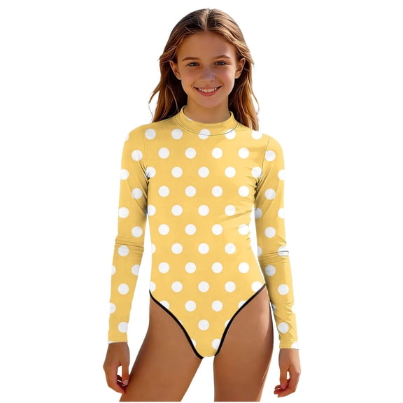 BaoFuBaoMei Girls 1 Piece Swimsuits Mock Neck Long Sleeve Bathing Suit Polka Full Coverage Swimwear Summer Beach Swim Set