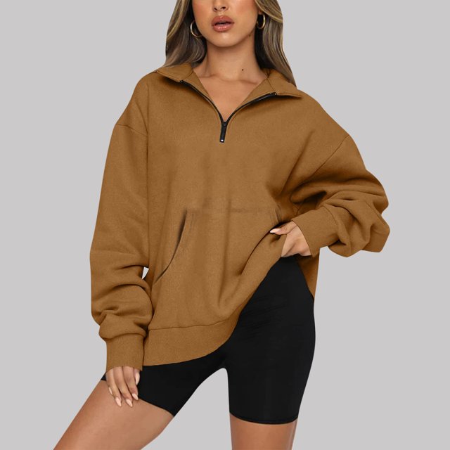 Pntutb Mujer Moda Casual Cremallera Sólida Turn-Down Collar Manga Larga Sudadera tops Blusa con Bolsillo Pntutb Pntutb-454