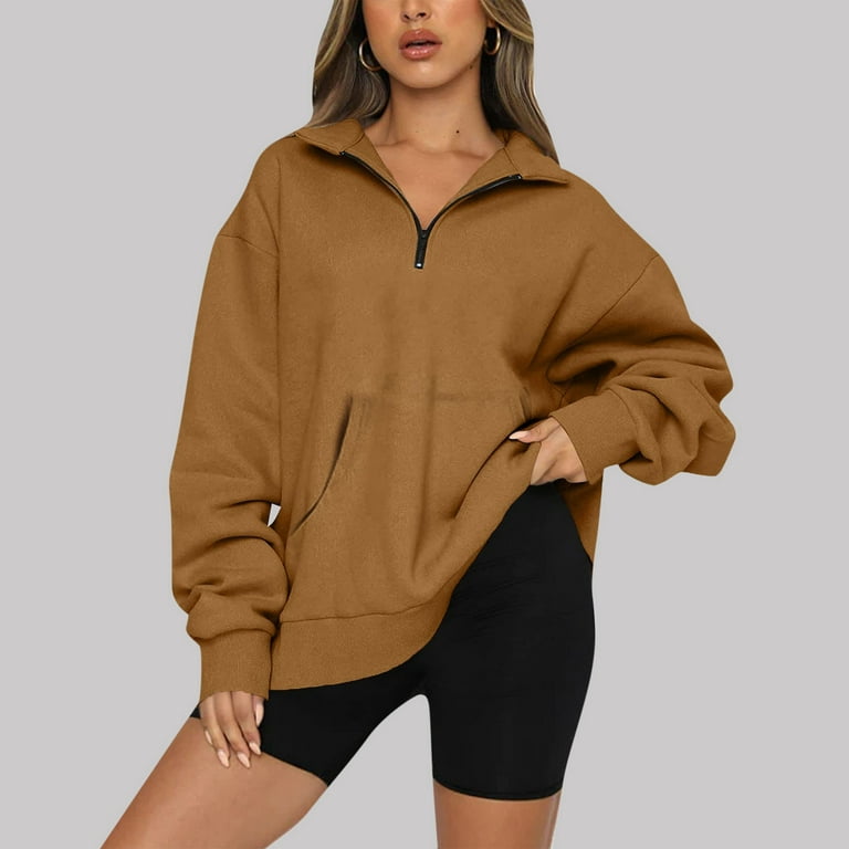 Yyeselk Womens Cropped Sweatshirts Fashion Half Zip V-Neck Long Sleeves  Pullover Fleece Hoodies 2023 Fall Clothes Trendy Outfits Khaki M 