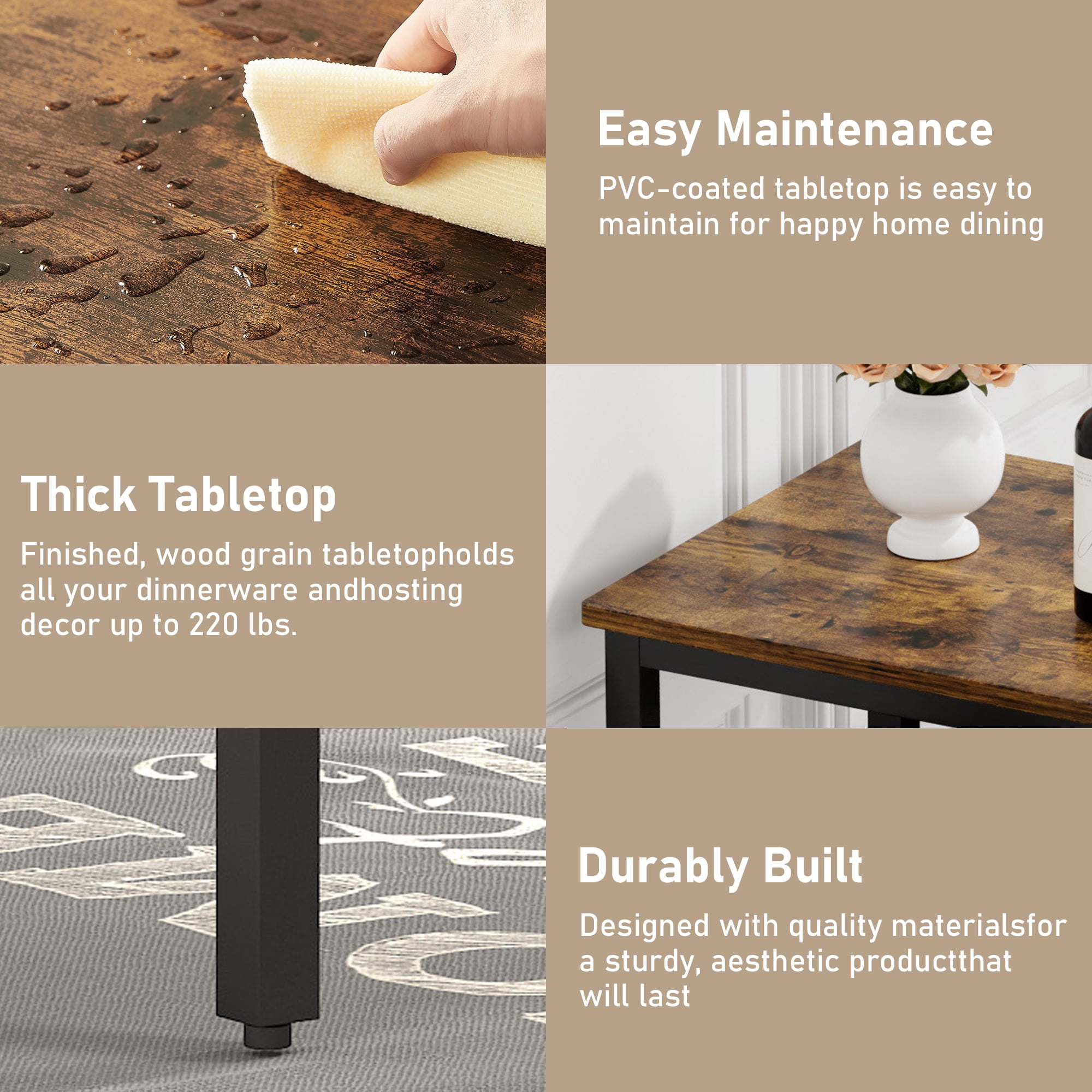 Aukfa Dining Table Set for 4, Kitchen Dining Table Set with 2 Bench ,Brown