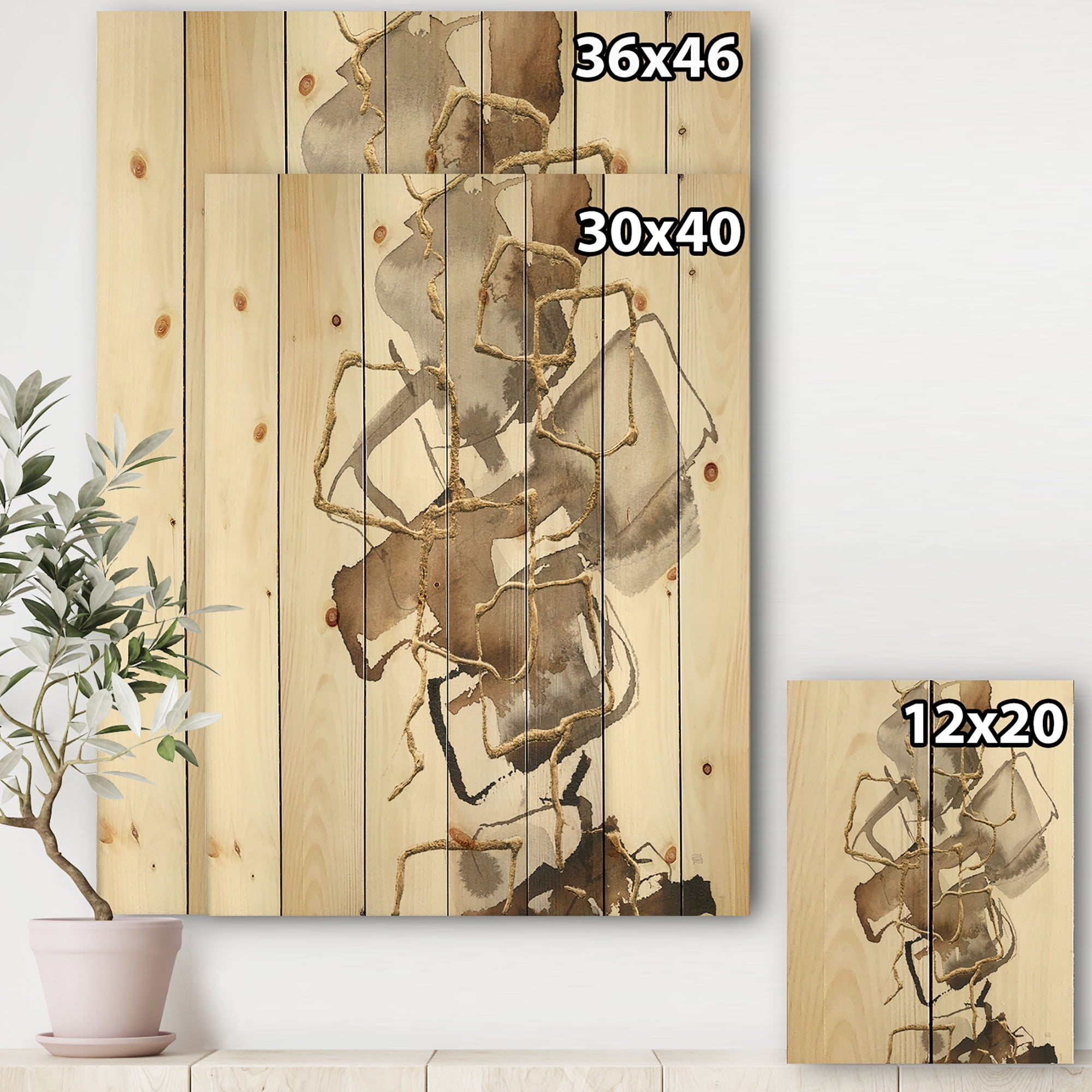 Designart 'Abstract Gold Glam Squares III' Modern & Contemporary Print on Natural Pine Wood
