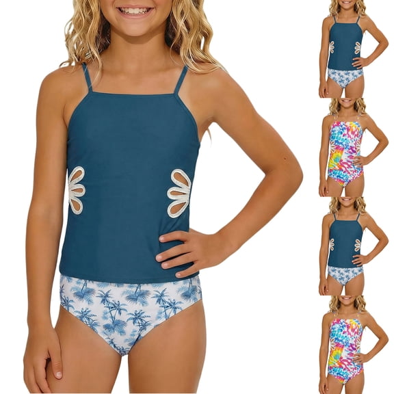 jiaxiM Girl Swimsuit 2 Piece Drawstring Tropical Printed Tankini Swimsuits for Quick-Dry Modest Ruched Girls Bathing Suit cover Up Rash Guard Swimwear for Girls