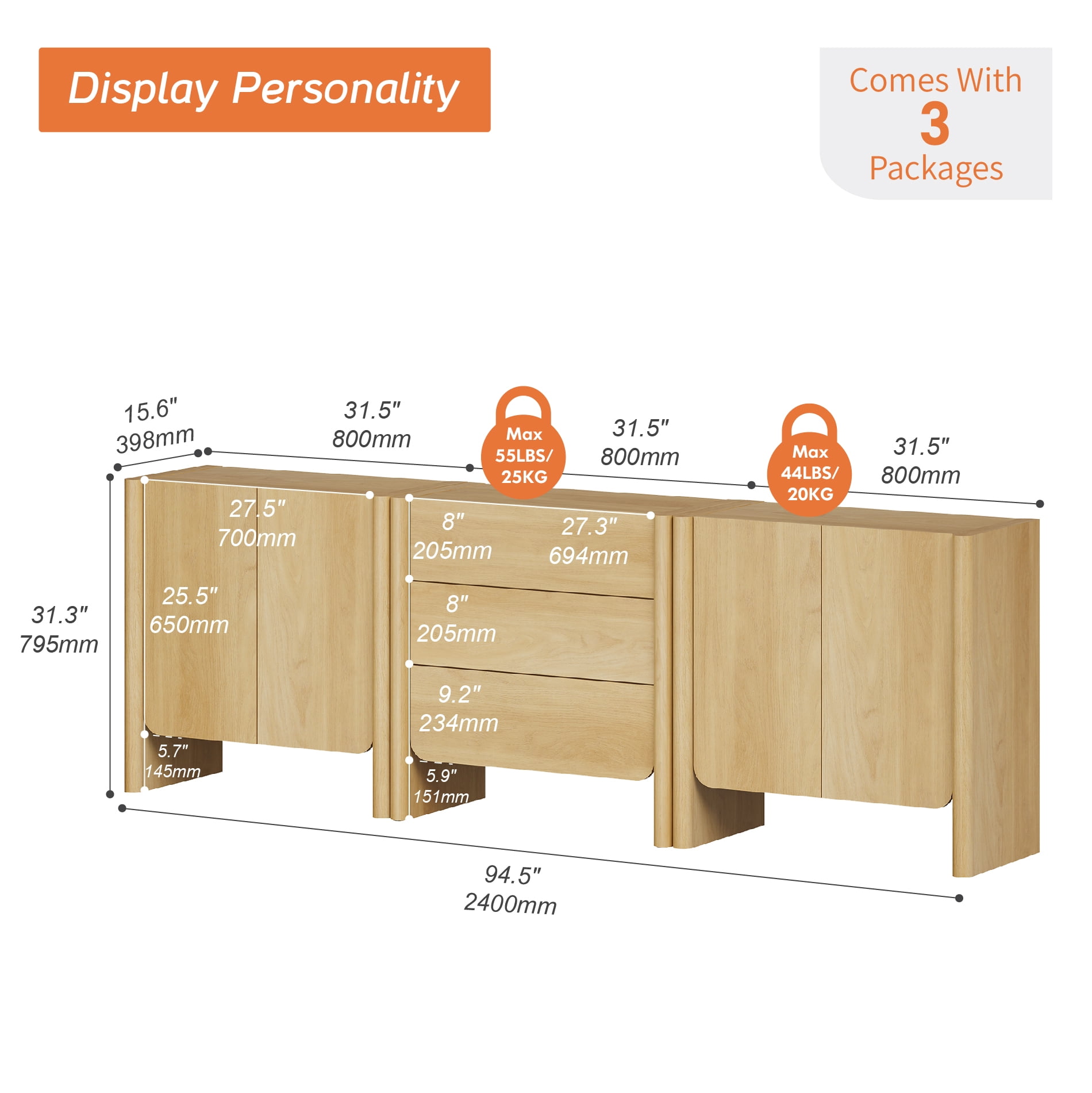 Modern French TV Stand, 94.5-Inch 3-Piece Media Console with 4 Doors and 3 Drawers, Supports TVs up to 105 Inches, Oak