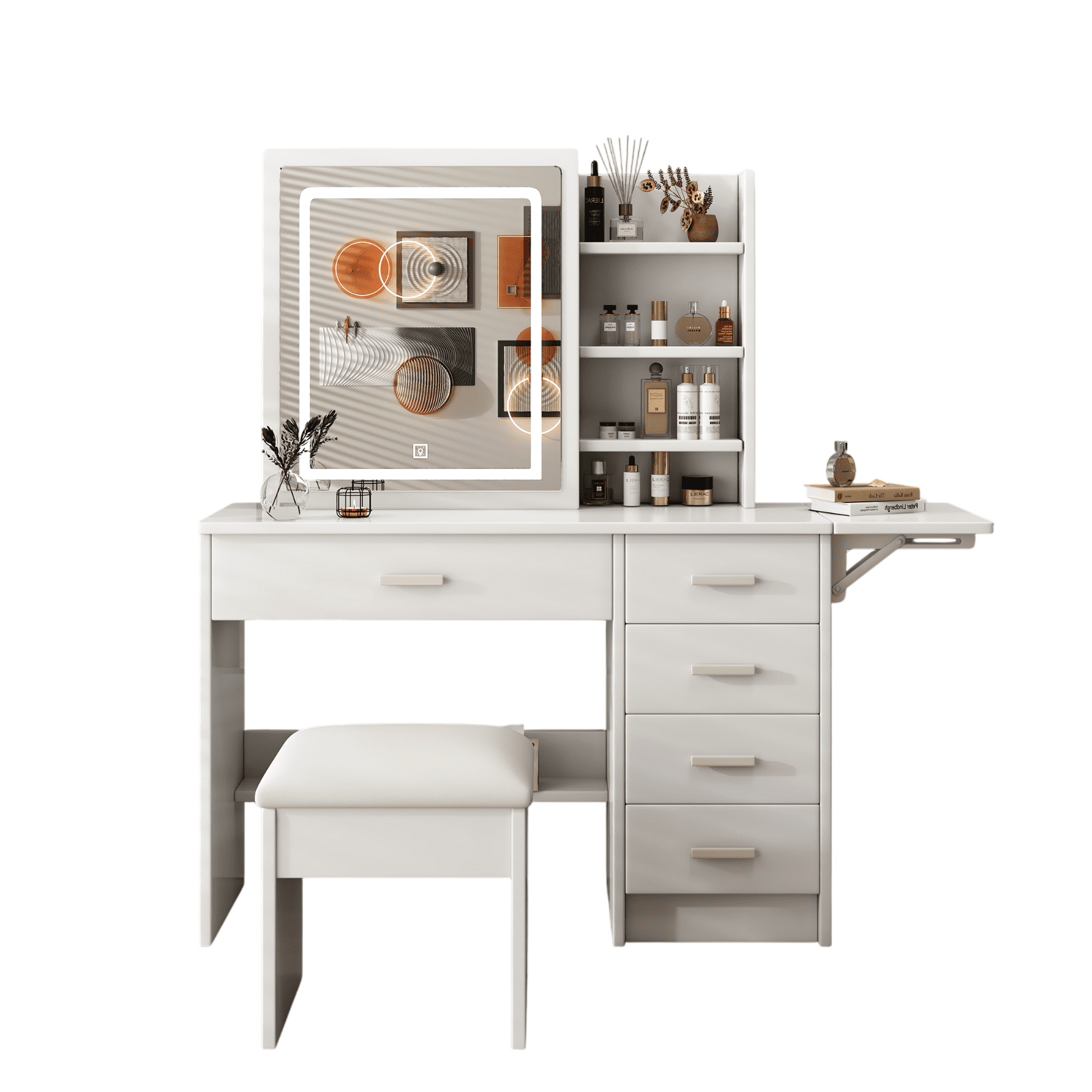 Homy Casa Vanity Desk with LED Lighted Mirror, Stool, Drawers and Shelves, 3-Color Dimmable Lighting