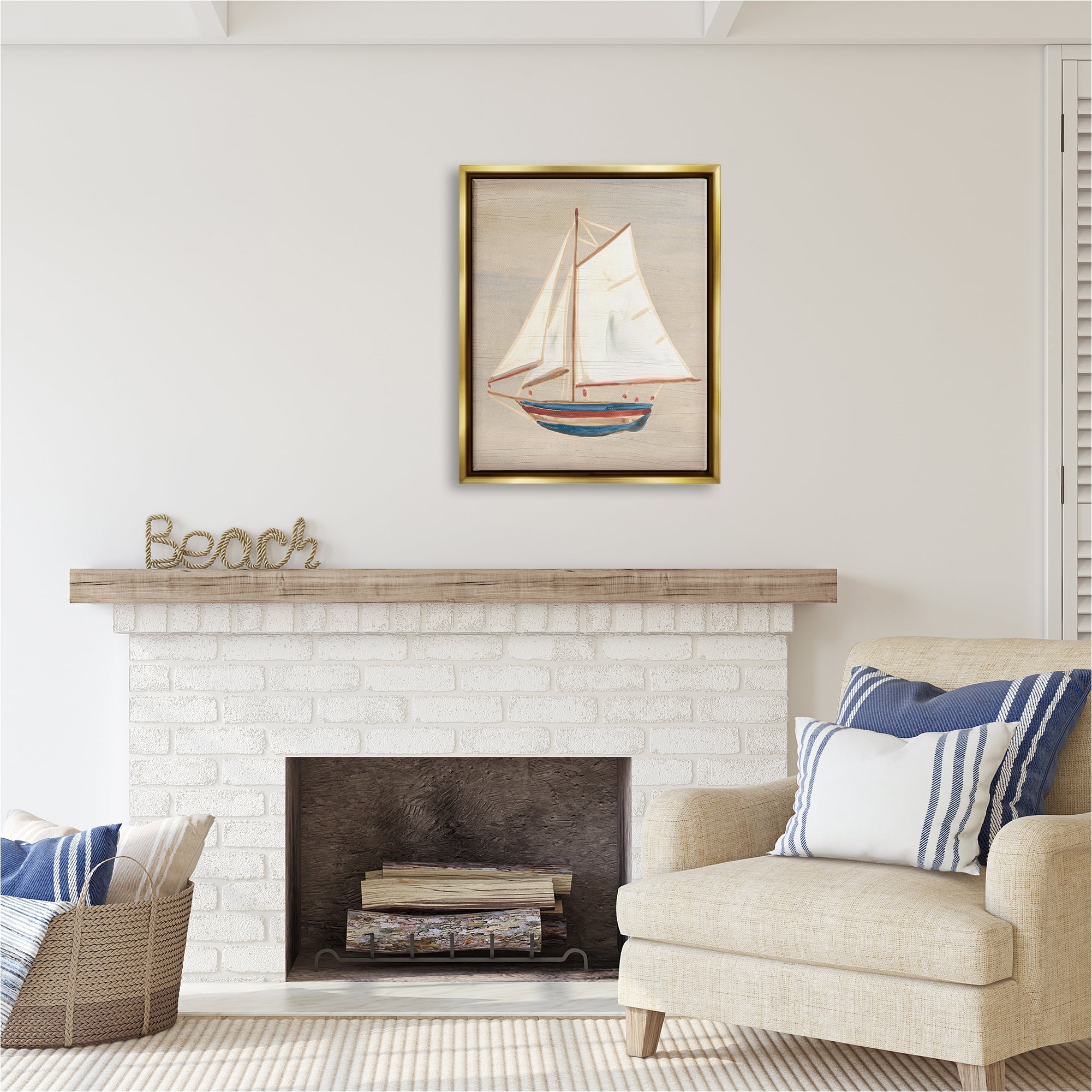 Stupell Industries Blue & Red Sailboat Transportation Painting Gold Floater Framed Canvas Art Print Wall Art, 25 x 31