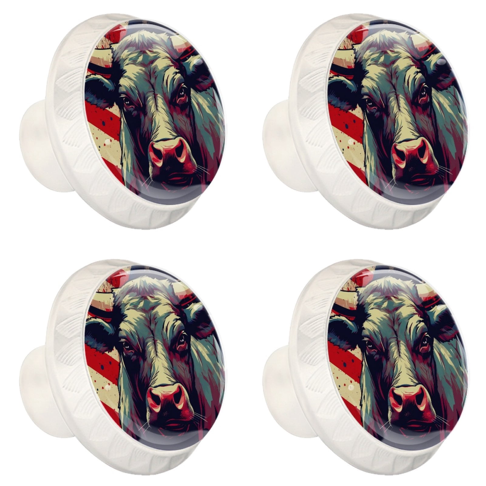 4 Pcs Cow American Flag Knobs for Kitchen Cabinet Cupboard Dresser Bookcase Drawer Pulls Handles Round Home Decor