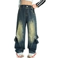 thumbnail image 2 of ZHOGXU Big Kids Girls Denim Pants With Pocket Elastic Waist Straight Leg Wide Leg Retro Style Comfortable Loose Fit Jeans Trousers For Daily Wear Blue 7-8 Years, 2 of 8