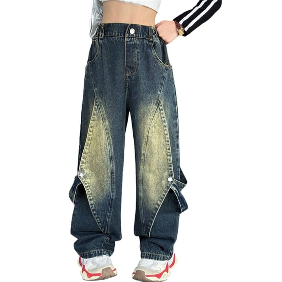 FYDUU Girls Cargo Pants Baggy Jeans Girls Wide Leg Jeans Fashionable Loose Fit Retro Casual Denim Trousers Kids Fashion Denim Pants Vintage Hallowmas
