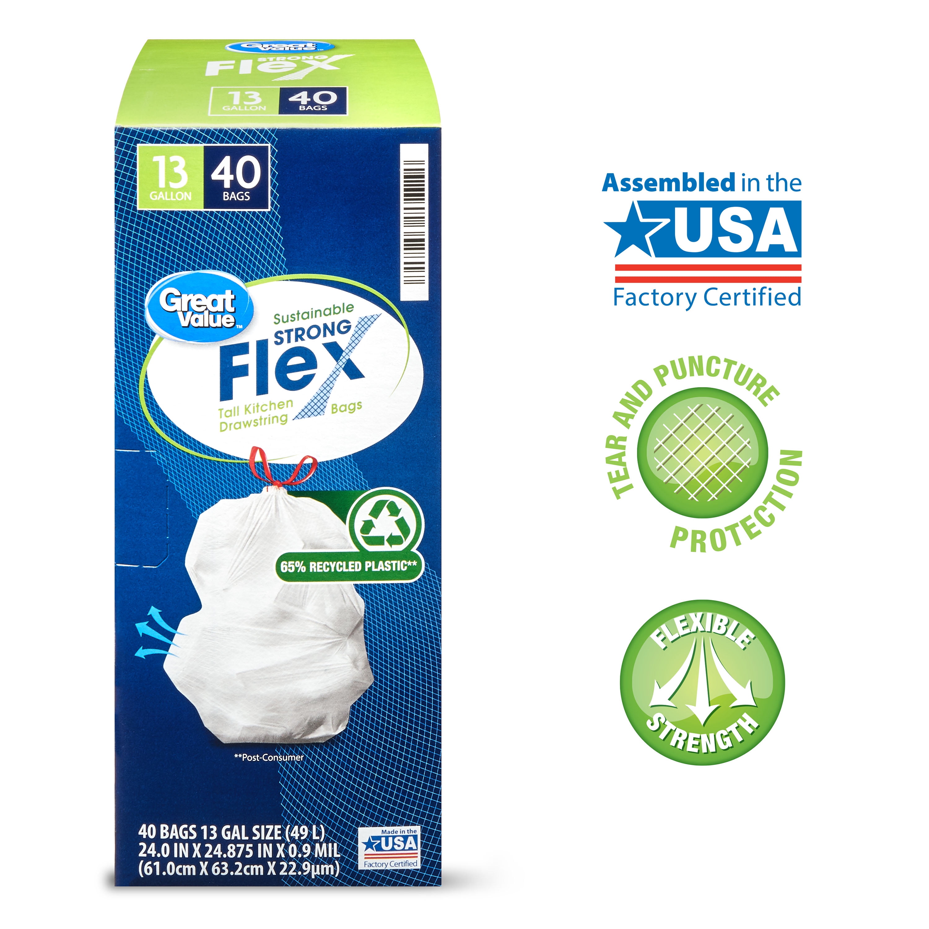 Great Value Sustainable Kitchen Trash Bags 13 Gallon 40 Bags Strong Flex Drawstring Walmart Com Walmart Com