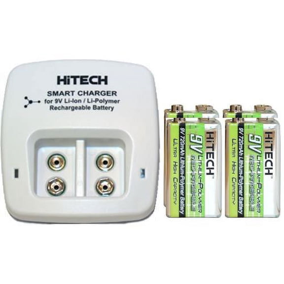 2 Bay 9 Volt Li-ion / Li-Po Smart Charger 4 x HiTech 9 Volt Lithium Polymer Batteries (720 mAh) Charger