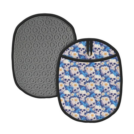 

Naloa white Skull blue daisy Silicone Pot Holders Oven Mitts Heat Resistant Hot Pads Non Slip Pot Holder for Kitchen Baking and Cooking 9.4 x 7.5 Inches