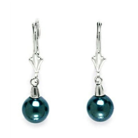 14k White Gold Tahitian Look 7mm Crystal Pearl Ball Earrings - Measures 27x7mm