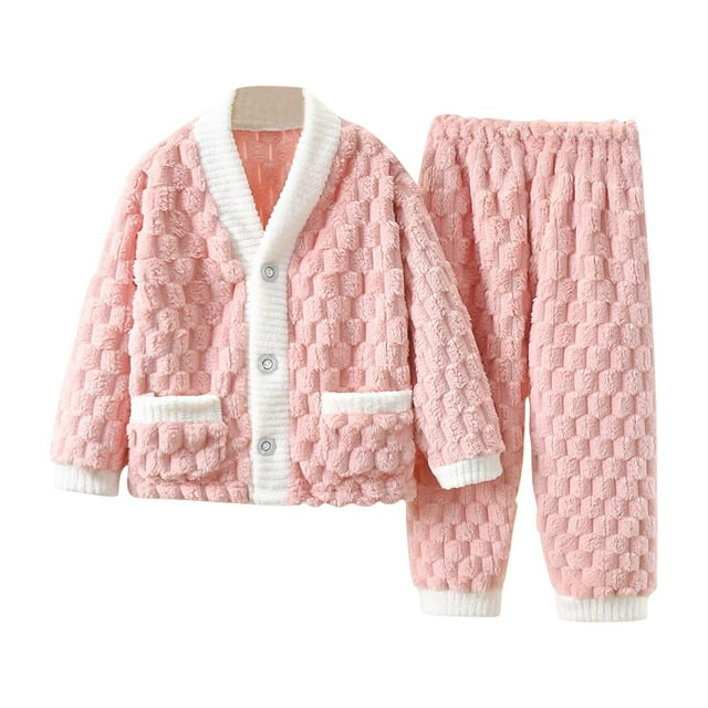 cfhntfmh Children's Fuzzy Outfits Winter Warm Fleece Long Sleeve Buttons down Jackets Color Block High Waisted Pants Lounge Sets