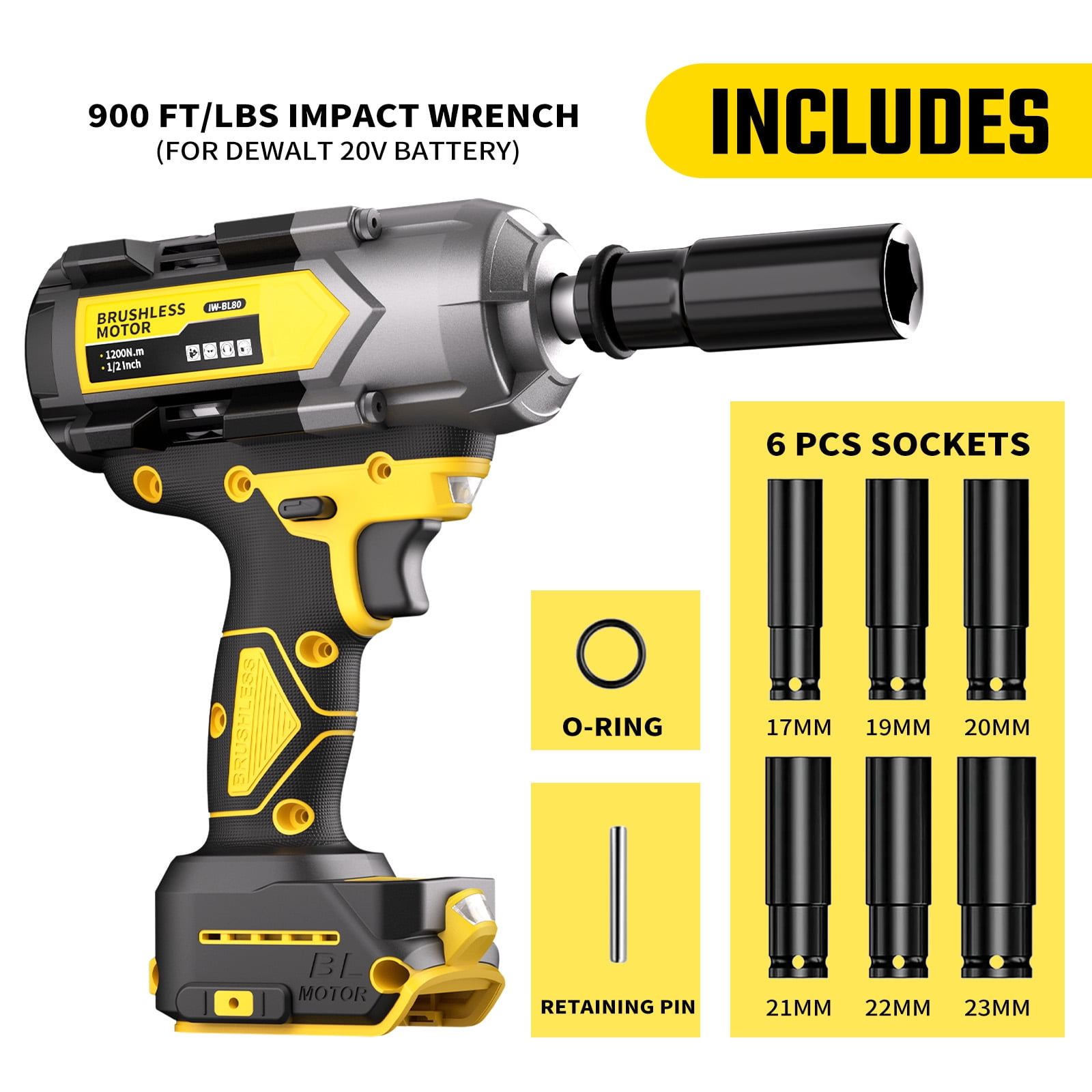 Cordless 1/2" Impact Wrench for DEWALT 20V Battery (no battery), 1200N.m / 900 ft-lbs Impact Driver, 3-Speed Electric Impact Gun, Tool Only with 6 Sockets