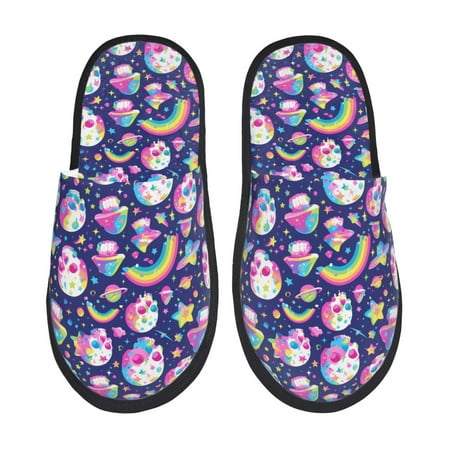 Balery Skull mushroom rainbow space Slient Indoor Furry Fleece Comfort House Shoes Soft Non-Slip Home Shoes Cotton slippers House Slippers-- Large
