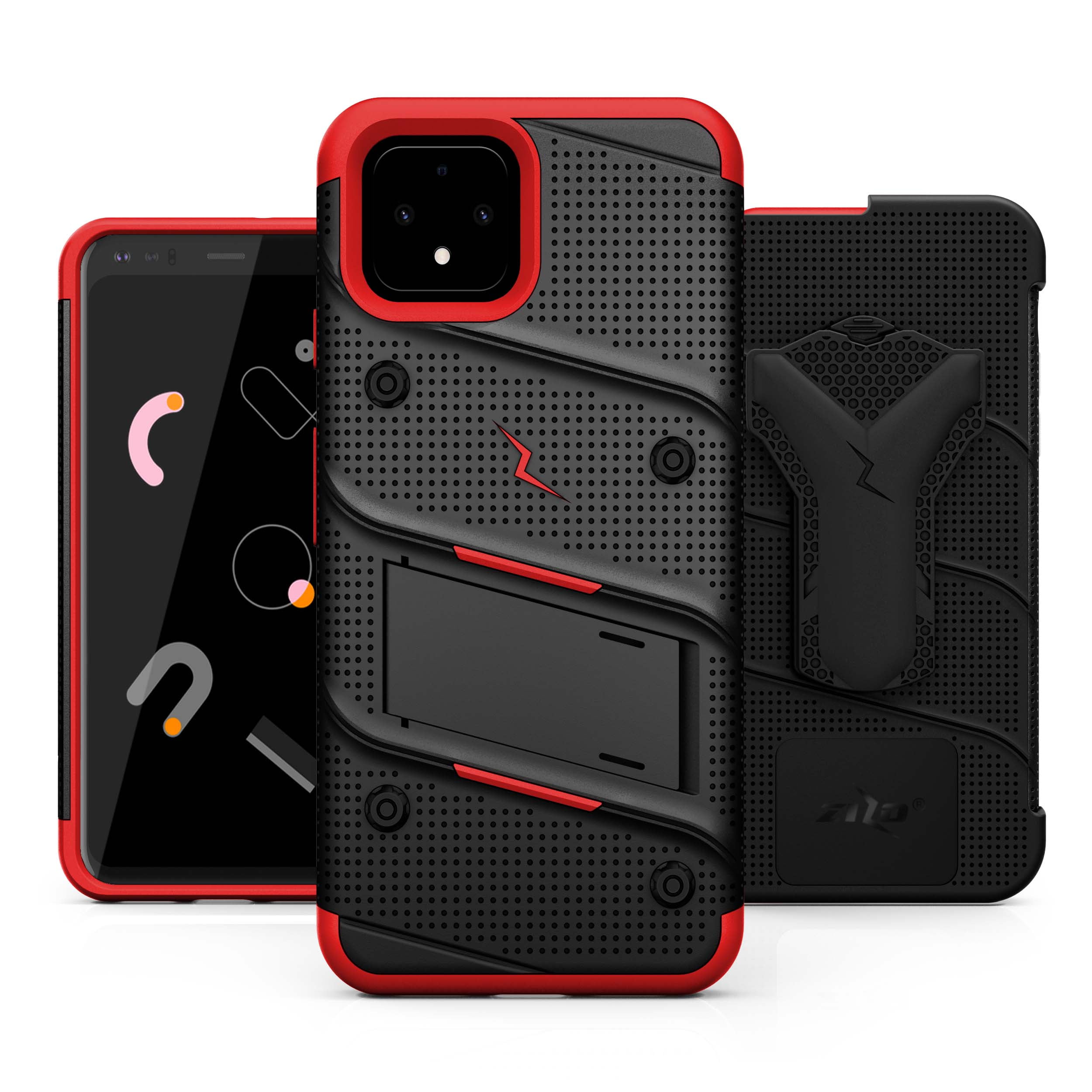 ZIZO BOLT Series Google Pixel 4 XL Case | Heavy-duty Military-grade Drop Protection w/ Kickstand Included Belt Clip Holster Tempered Glass Lanyard (Black/Red)