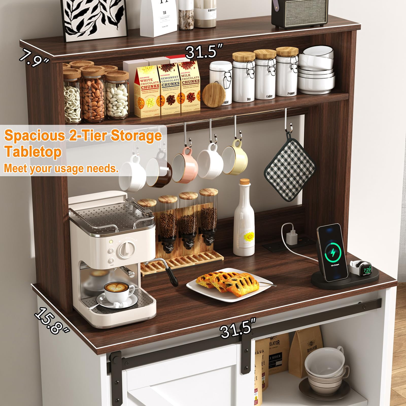 ChVans 55.1" H Farmhouse Coffee Bar Cabinet with Storage Hutch, Kitchen Wood Coffee Bar Station with Charging Station & 6 Hooks & Adjustable Shelf and Sliding Barn Door for Kitchen, Living Room