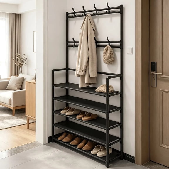 Freestanding Hall Tree Coat Rack with Shoe Storage, 5-Tier Metal Entryway Organizer with Removable Hooks & Hat Shelf for Bedroom Apartment Dorm
