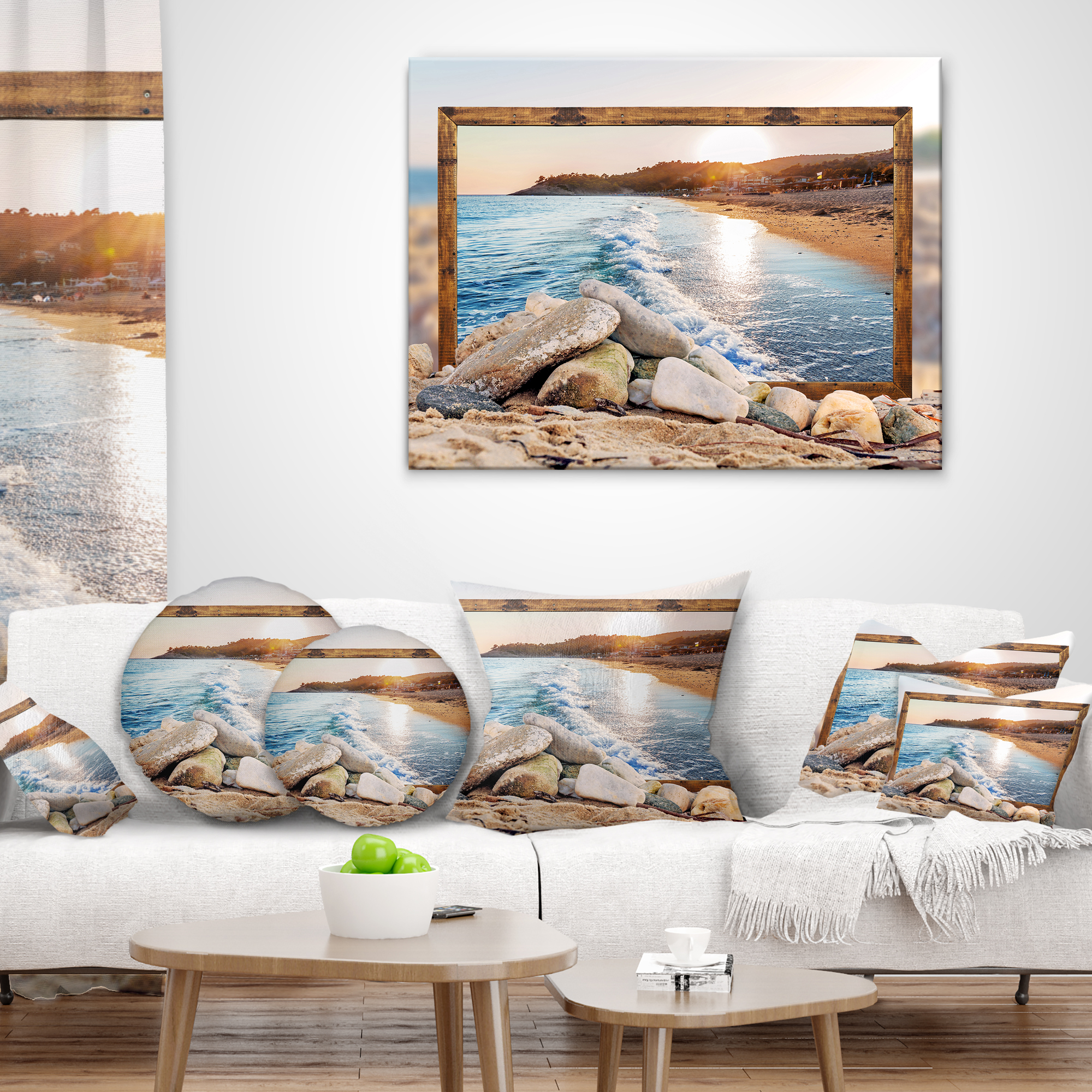 Designart Framed Effect Rocky Beach - Seashore Throw Pillow - 12x20
