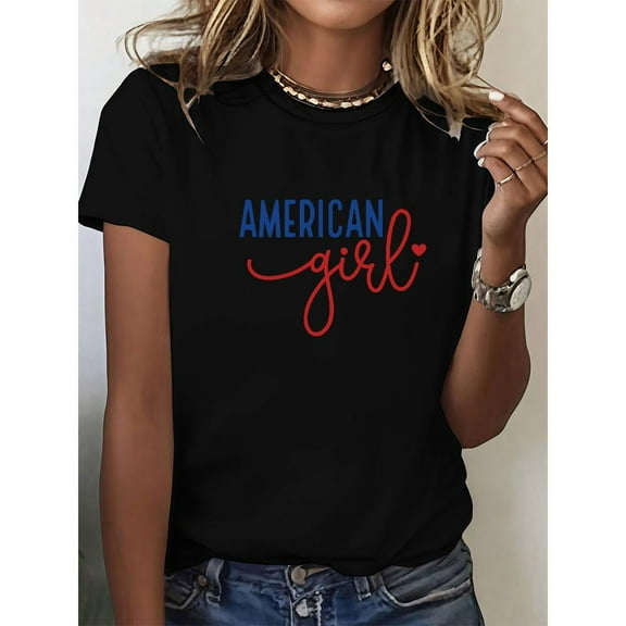 Patriotic USA T-Shirt for Women Men - Retro 'AMERICAN GIRL' Slogan Tee - Comfortable Cotton Vintage Shirt for Independence Day & Summer