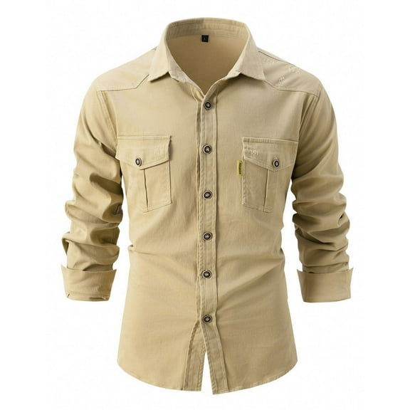SWSMCLT Men's Long Sleeve Button Down Shirt Cotton Button Up Soft Thick Top Vintage Button Up Shirt Fitted Khaki Large